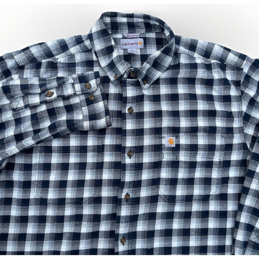 Carhartt Flannel Shirt XL Blue White Plaid Long Sleeve Button Down Relaxed Fit